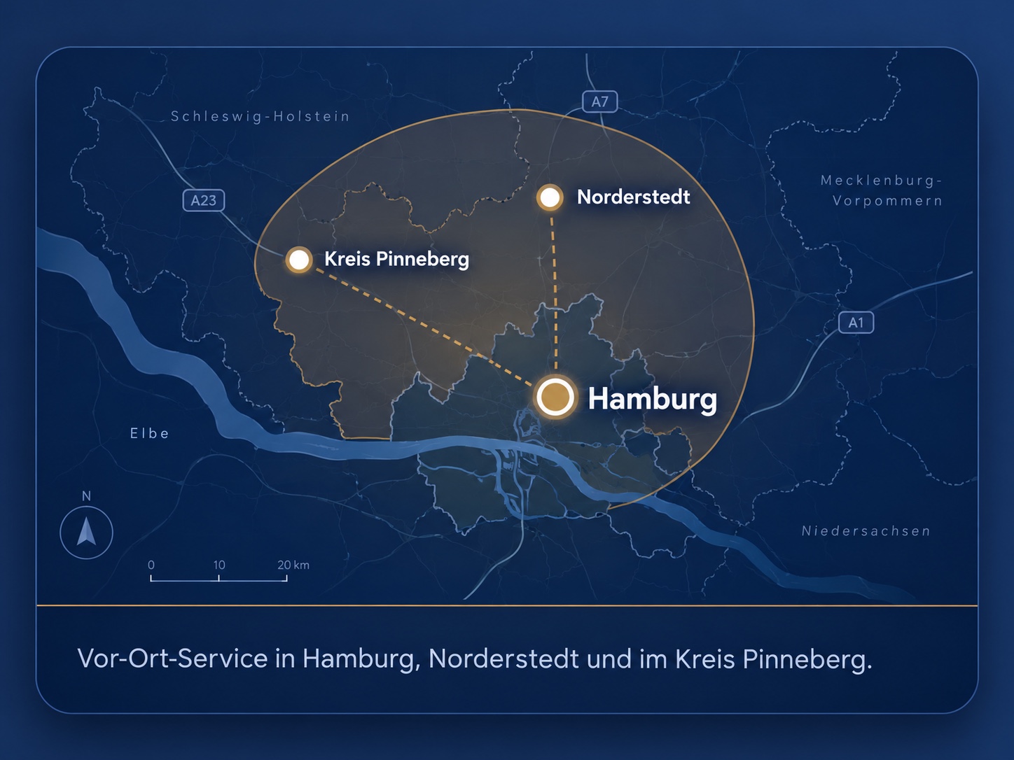 Karte des Einsatzgebiets: Vor-Ort-Service in Hamburg, Norderstedt und im Kreis Pinneberg
